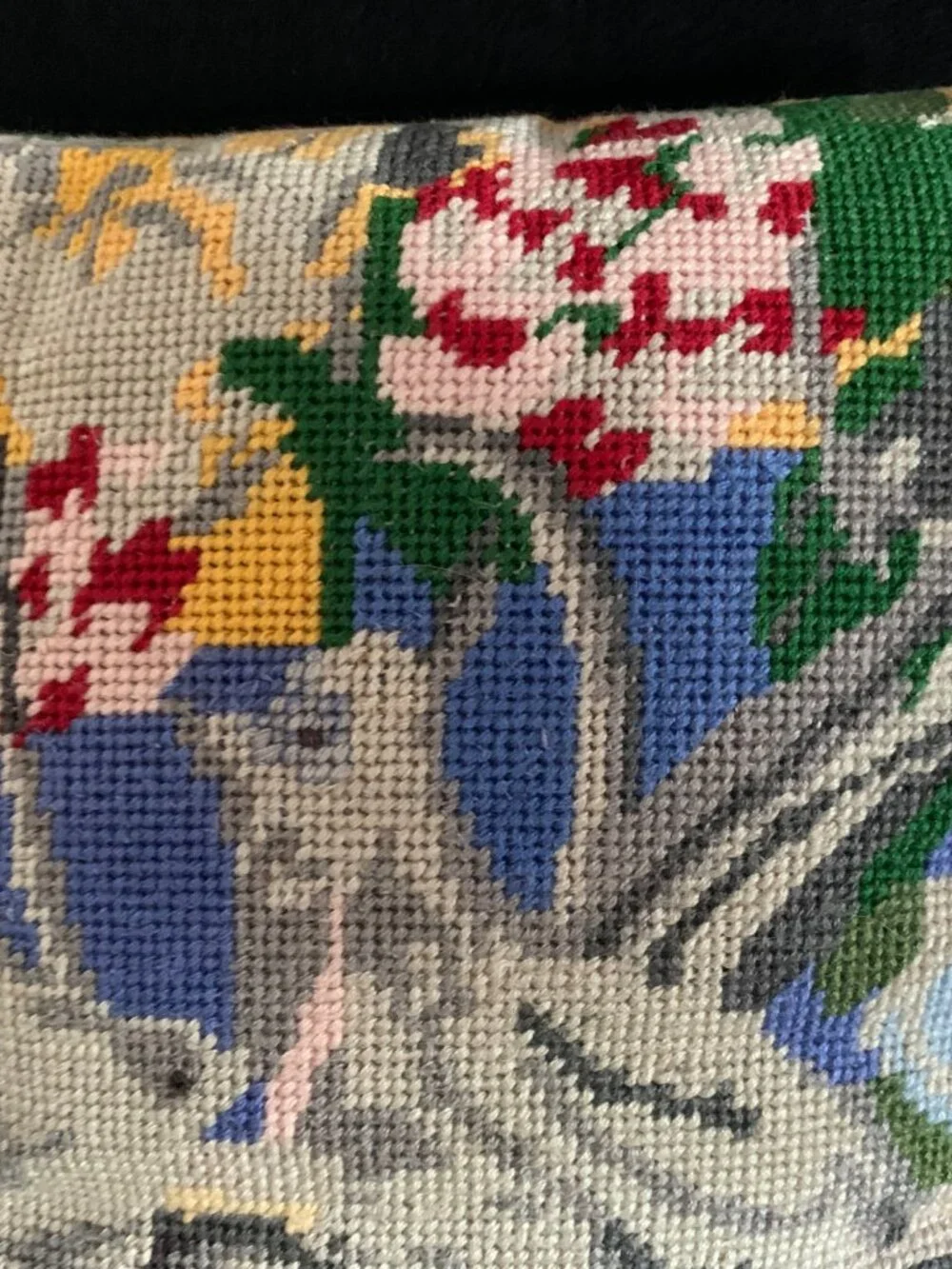 Vintage Handmade Wool Needlepoint Throw Pillow Jacobean Birds Flowers Satin Back